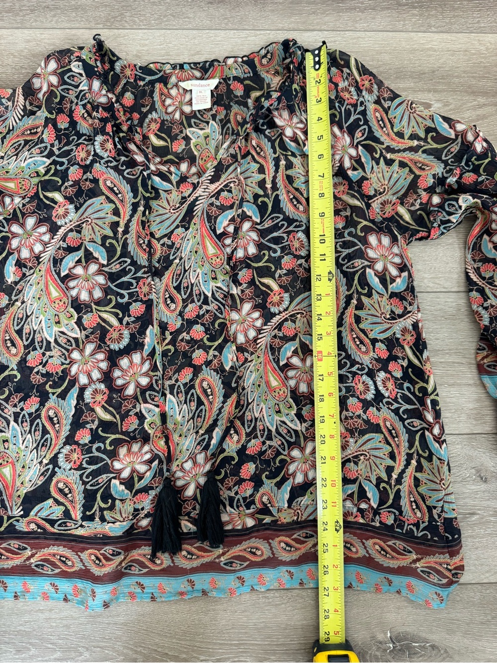 Sundance 100% Silk Boho Sheer Paisley Floral Tassel Tie Peasant Blouse XL - Picture 11 of 12